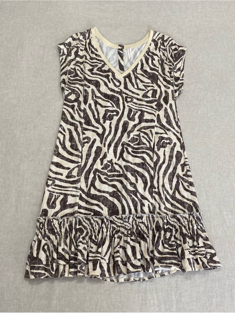 Anthropologie Daily Practice Cream Zebra print Ruffled Tunic Mini Dress Sz XS